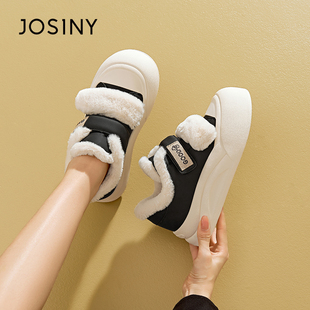 卓诗尼2025冬新款鞋女款运动厚底休闲毛毛鞋秋冬魔术贴女板鞋