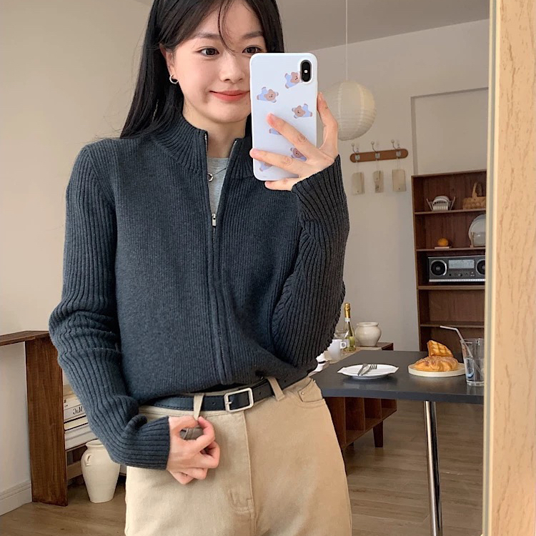 诺诺风日常通勤立领双拉链显瘦百搭针织开衫毛衣(含6羊毛)S9128