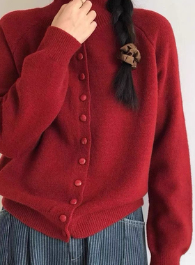 诺诺高领纽扣针织开衫女秋冬宽松显瘦百搭加厚打底衫上毛衣88882