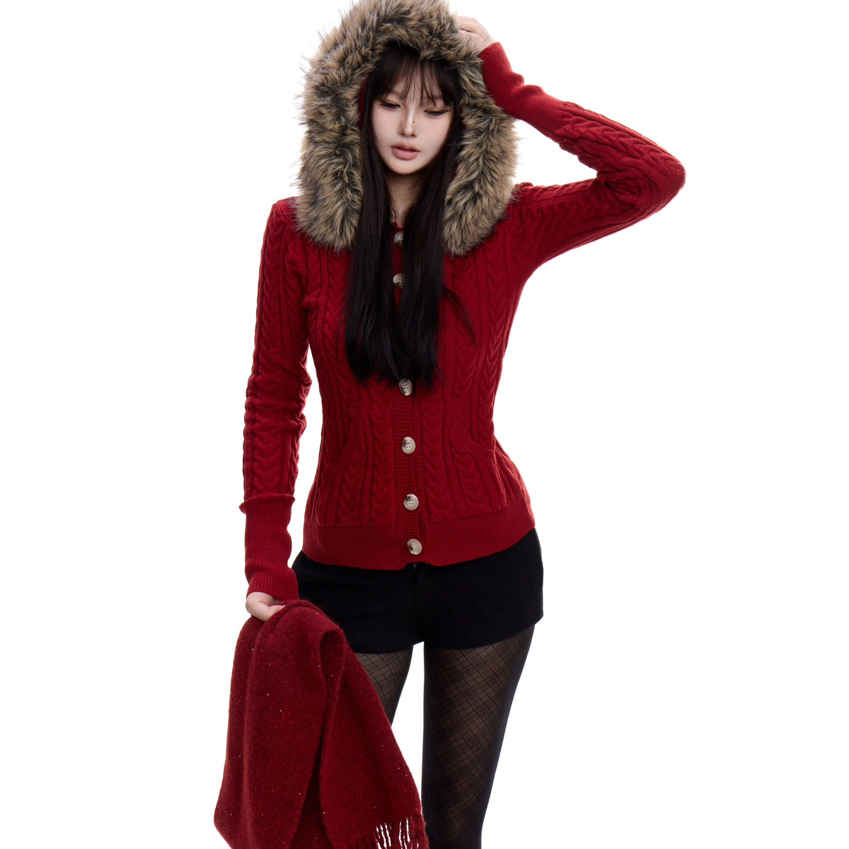 诺诺家排扣麻花长袖针织开衫保暖毛衣(配可拆卸环保毛领)A20928