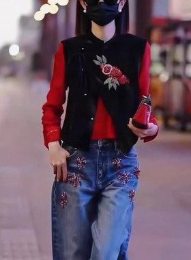 诺诺设计大牌老钱新中式爆款斜扣真丝丝绒石榴钉珠马甲YS2-t289