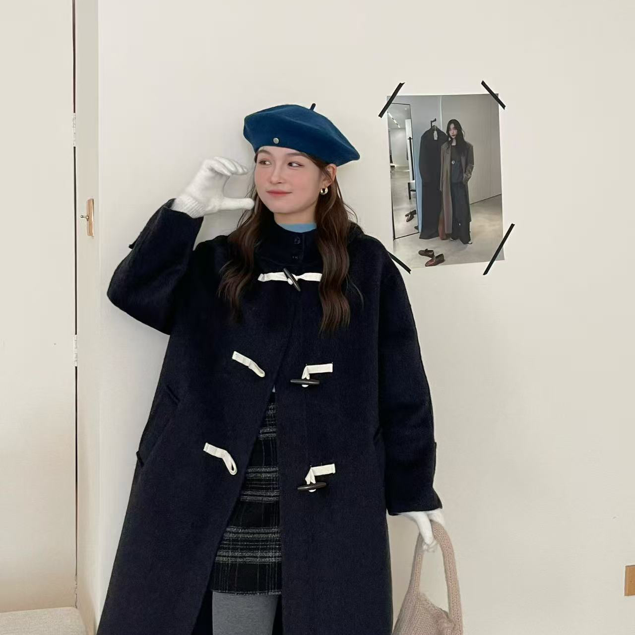 诺诺小众风减龄牛角扣长款澳毛大衣羊毛外套(含100澳毛)27606-1