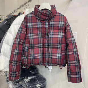 诺诺韩系时尚复古红色格子短款立领加厚保暖羽绒服外套YZS-86239