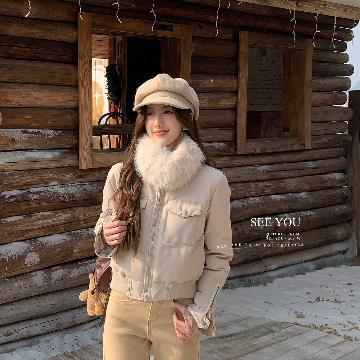 诺诺设计日记收腰百搭加厚拉链袖口保暖羽绒服外套(配毛领)S5256