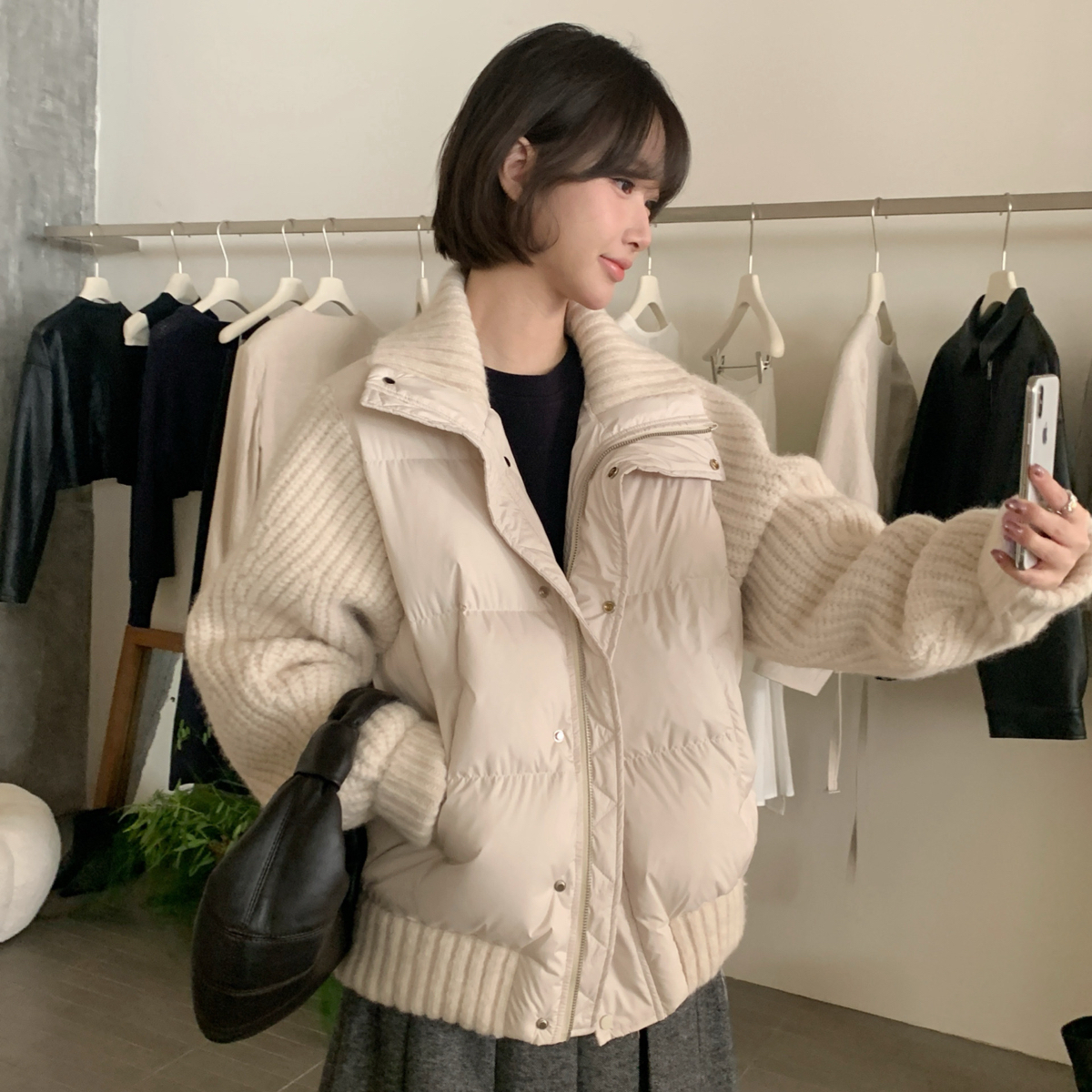 诺诺新大爆款高品质毛织拼接排骨立领羽绒服(含90白鸭绒)H70880