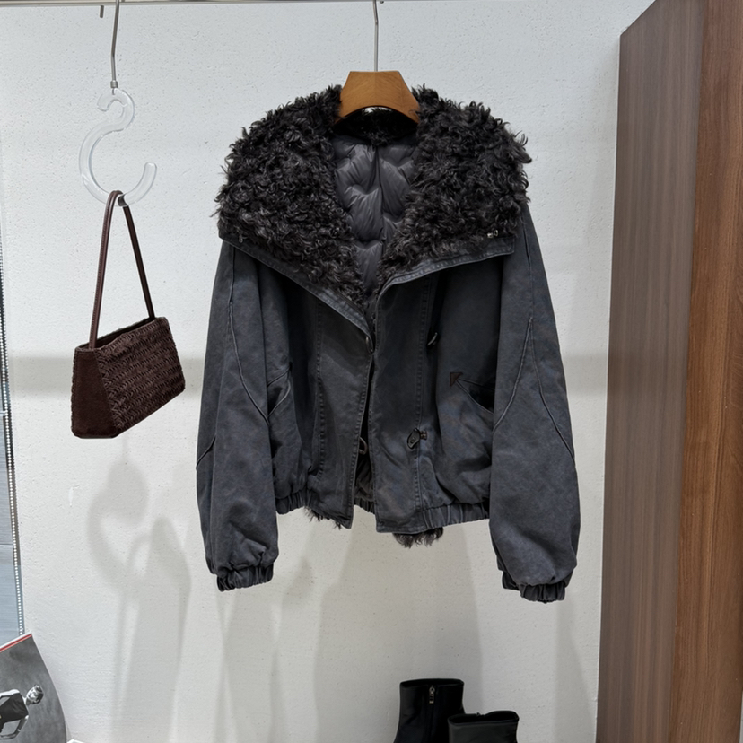 诺诺冬上新羊卷毛大翻领短款羽绒保暖羽绒服外套012-329