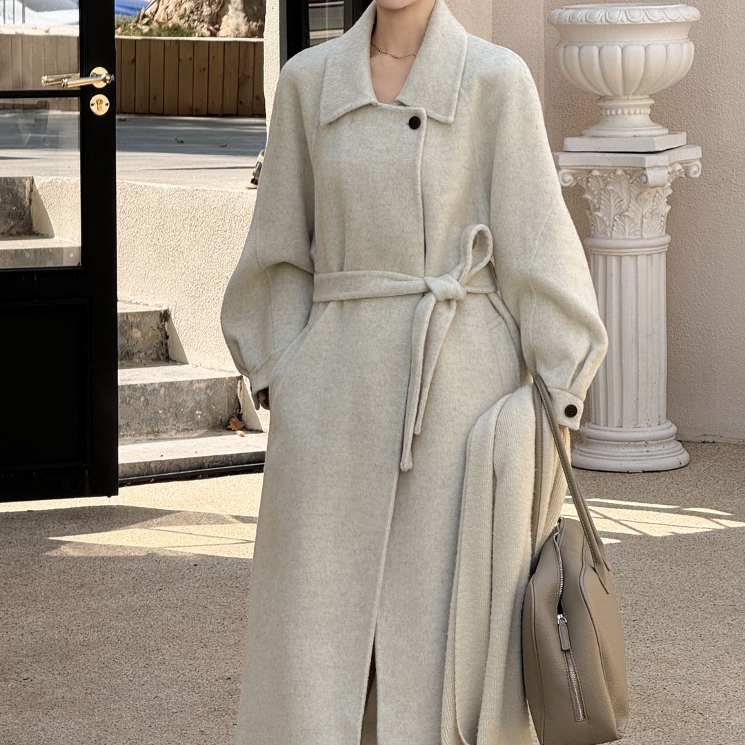 诺诺简约翻领中长款系带显瘦羊毛外套(配腰带)(含100羊毛)B1030
