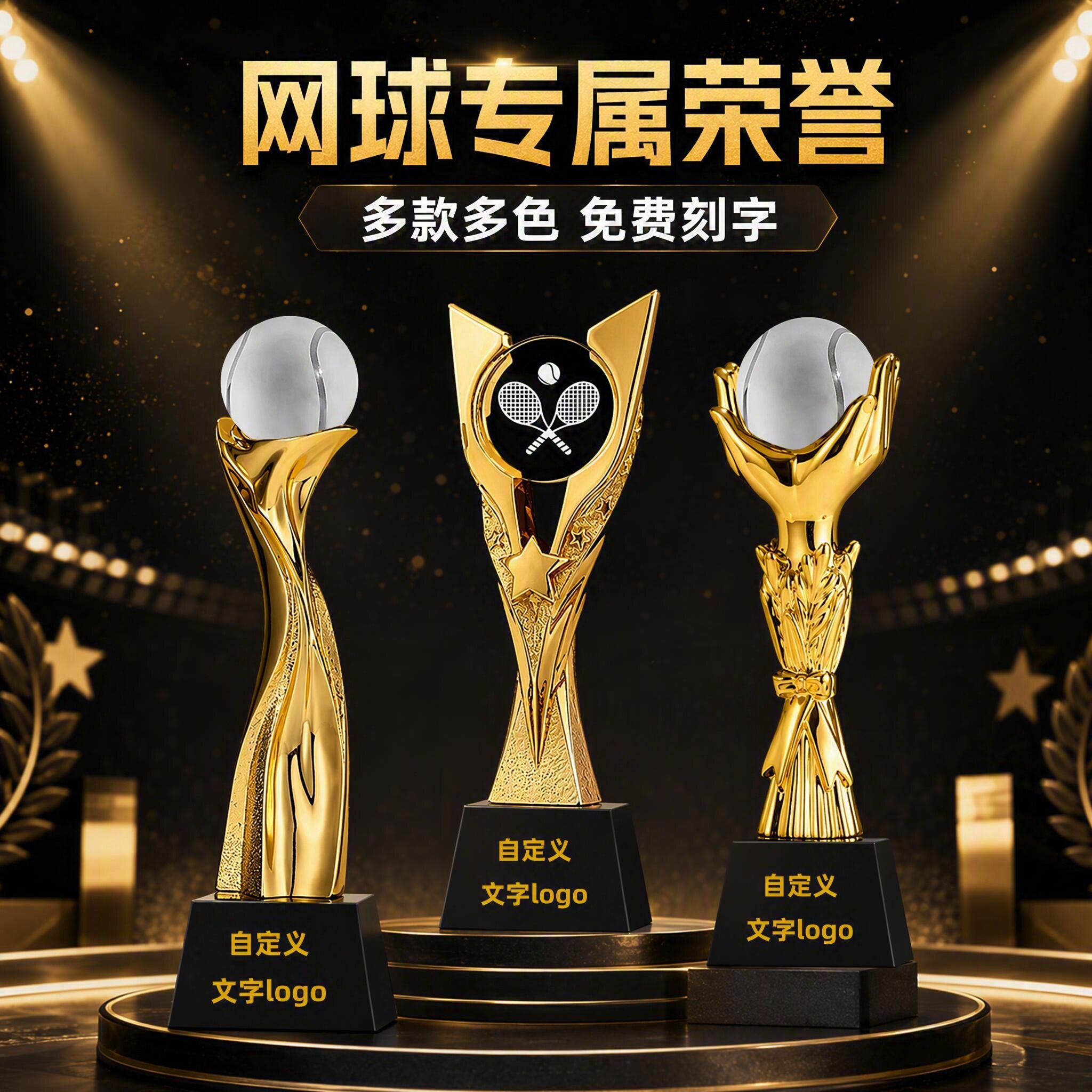 创意网球比赛颁奖金银铜奖杯定制