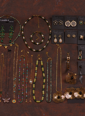 J23花朵淡水珍珠镂空雕花石头叠戴通勤项链耳环夹钉蓝绿色手链女