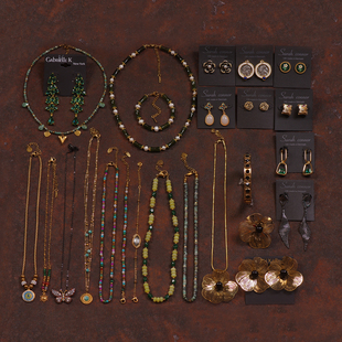 J23花朵淡水珍珠镂空雕花石头叠戴通勤项链耳环夹钉蓝绿色手链女