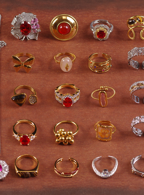 天然虎眼石夸张钛钢铜镀金戒指环