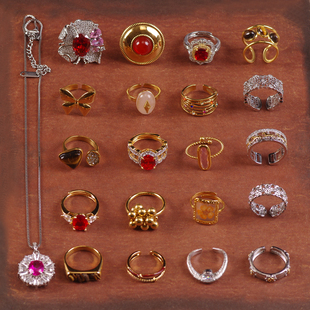 K天然虎眼石锆石女红美拉德夸张开口模特镂空钛钢铜镀金戒指环