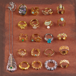 I夸张鲍鱼贝壳石头羽毛女设计师造型叠戴质感蝴蝶镂空项链戒指环