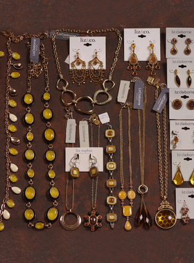 欧美老货LIZ黄褐色女项链耳环钉