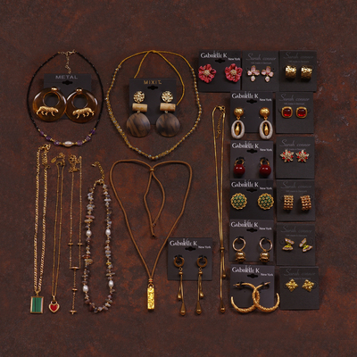 红褐色钛钢夸张金色项链耳环钉女