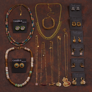 11欧美法式 宫廷双层叠戴撞色虎眼石头玻璃水晶狗狗手项链耳环夹钉