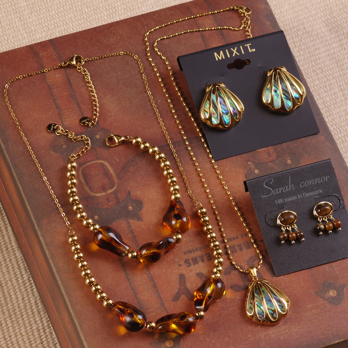 天然鲍鱼贝壳扇贝钛钢手项链耳钉