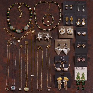 J29天然淡水珍珠石头母贝壳玻璃猫眼珐琅釉绿色锆石项链耳环夹钉