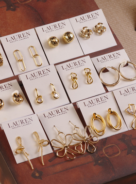 J66金属玻璃水晶LAUREN蝴蝶结RLL金色简约OL通勤耳钉女饰淑女扣