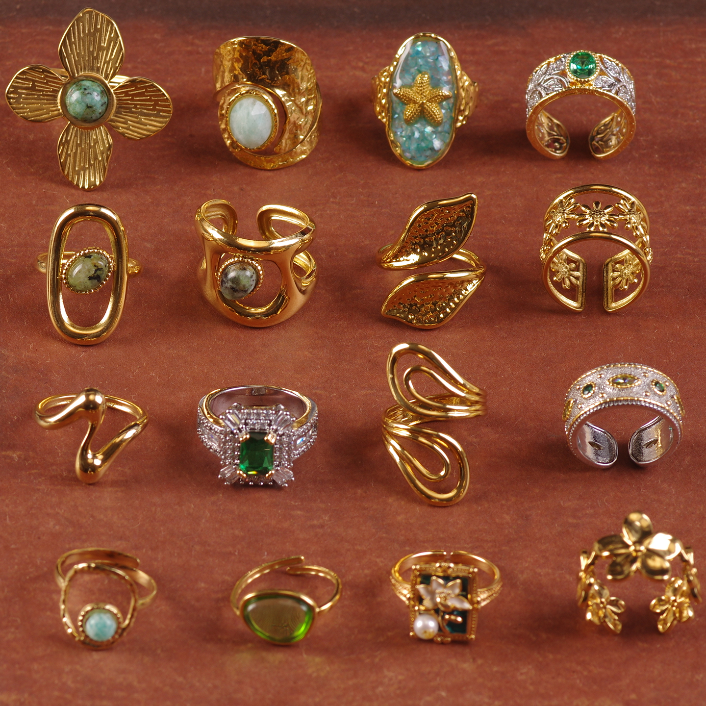 蓝绿色天然石钛钢夸张港风戒指环