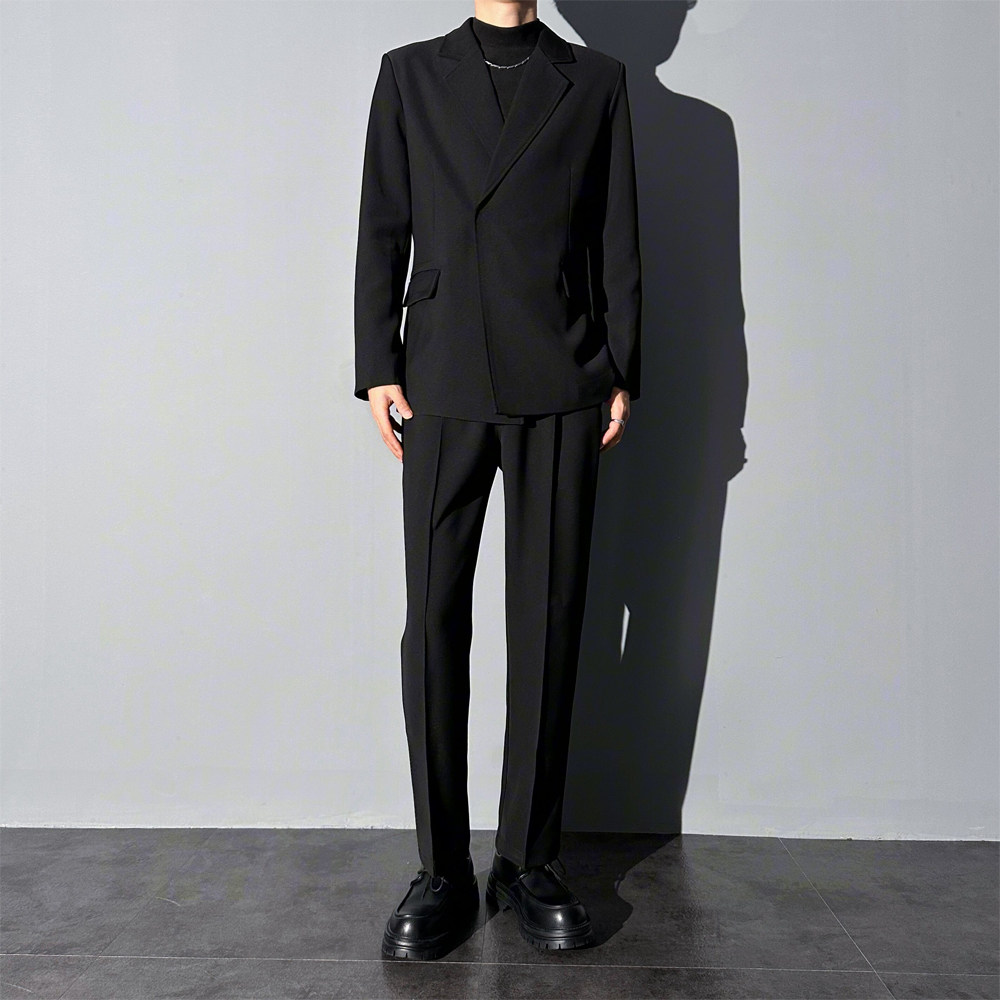 莱德的搭配 西服套装男士痞帅轻熟休闲西服黑色帅气修身韩版潮流