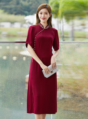 歌蒂诗夏季专柜新款优雅端正珍珠扣酒红旗袍连衣裙 6D21L3104