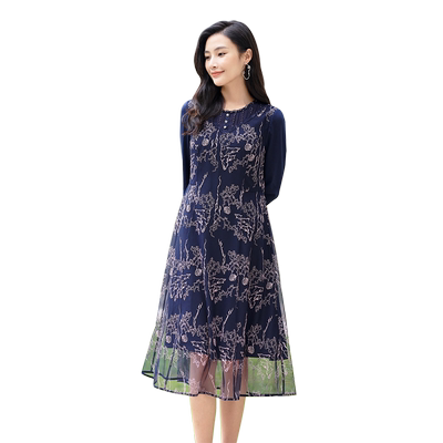 精致刺绣收腰显瘦中长款连衣裙