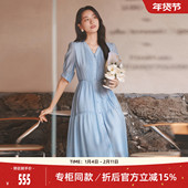 歌蒂诗夏专柜新款 100%桑蚕丝 优雅气质V领蓝色连衣裙8E23L3861