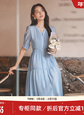 【100%桑蚕丝】歌蒂诗夏专柜新款优雅气质V领蓝色连衣裙8E23L3861
