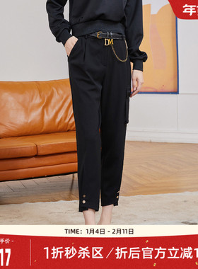 歌蒂诗秋季专柜新款时尚直筒裤个性裤子高腰黑色休闲裤 8C10K3918