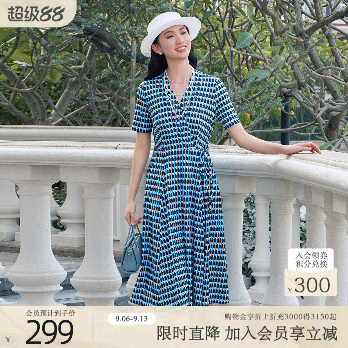 歌蒂诗夏季专柜新款时尚千鸟格气质V领收腰连衣裙女1E23L3032图片