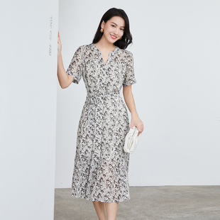 印花简约大气V领收腰连衣裙1D23L3053 时尚 歌蒂诗夏季 专柜新款