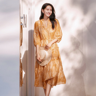 简约印花收腰连衣裙 专柜新款 歌蒂诗夏季 8E24L3186 100%桑蚕丝