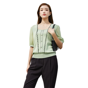 歌蒂诗夏专柜新款时尚减龄撞色花边显瘦针织衫短袖 1D23Z0504