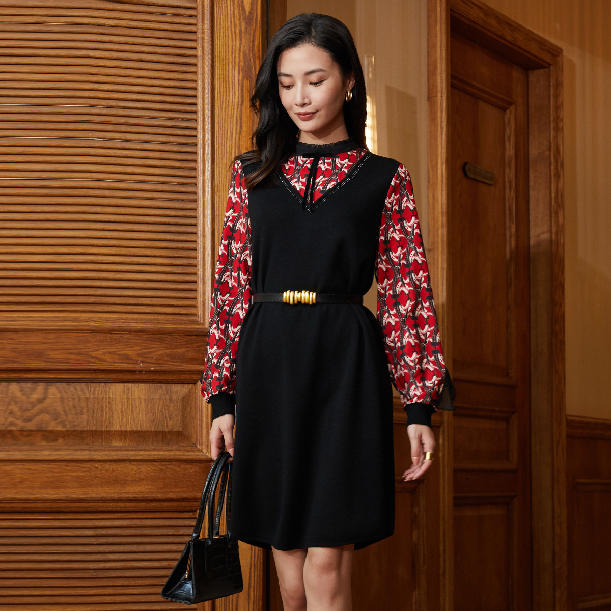 通勤气质雪纺长袖拼接羊毛