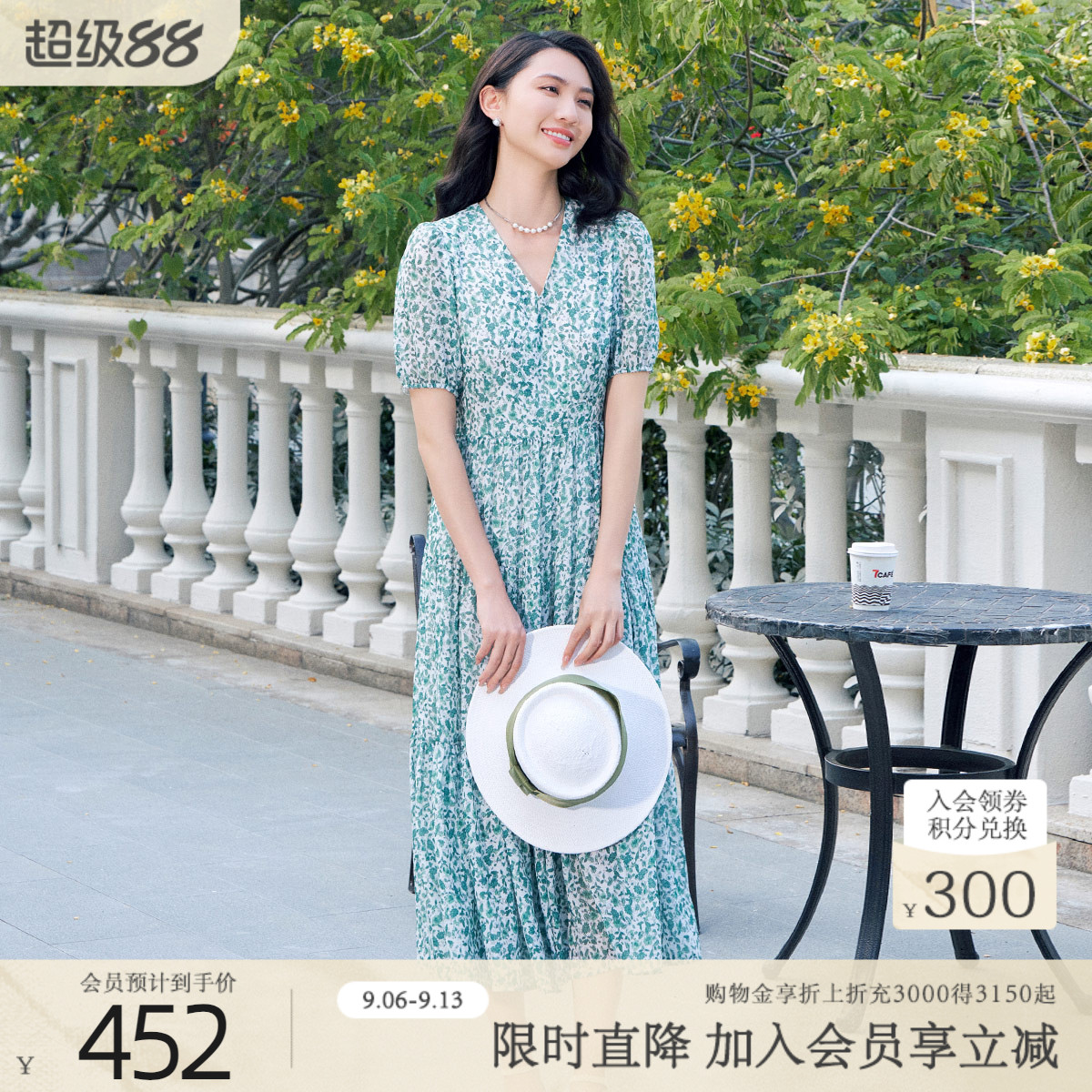 歌蒂诗夏季专柜新款气质V领高级绿色碎花收腰连衣裙1E24L3263图片