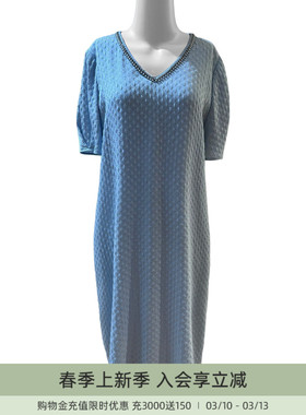 歌蒂诗夏季专柜新款经典桃心领桑蚕丝浅蓝色连衣裙 1F23L2579