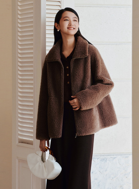 歌蒂诗冬季专柜新款时尚气质咖啡色100%绵羊毛外套 8E42C0928