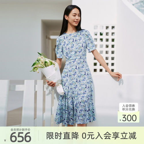 【100%桑蚕丝】歌蒂诗夏季专柜新款修身圆领碎花连衣裙1F23L3511A