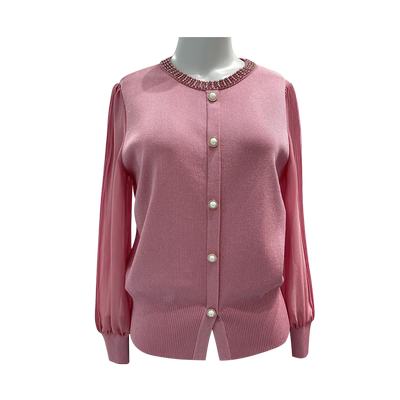 歌蒂诗春专柜新款简约精致手工串珠粉色长袖针织衫 1E31Z1602