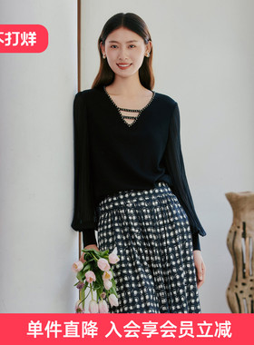 歌蒂诗2025春季专柜新款气质V领优雅灯笼袖大方针织衫女1F10Z1515