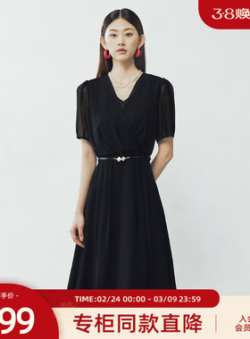 歌蒂诗夏季专柜新款优雅气质网纱泡泡袖V领连衣裙女8D21L3355