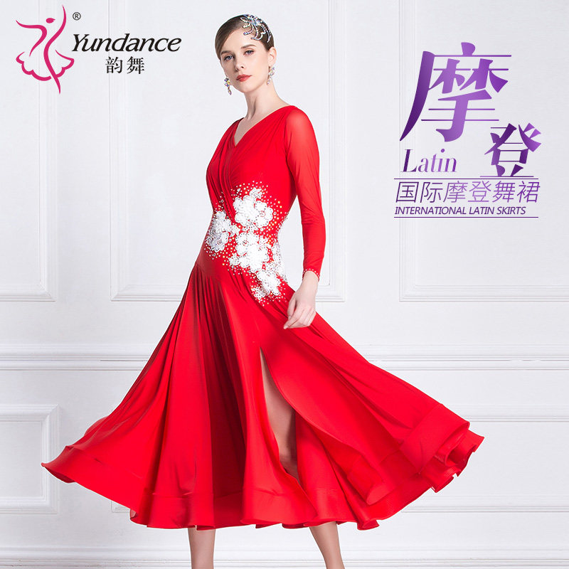 韵舞 新款摩登舞练习连衣裙子秋冬季成人女国标华尔兹演出练功服