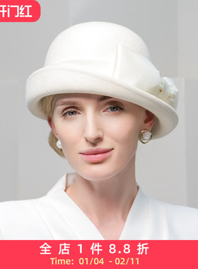 EE秋冬复古白色帽子女款优雅百搭女士新款羊毛冬季显脸小礼帽