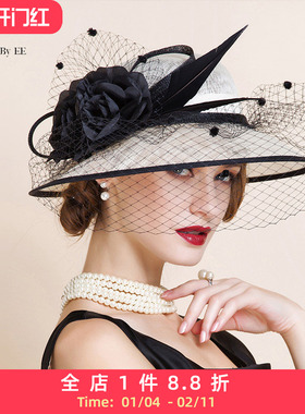 EE 优雅原创英伦礼帽 欧美时尚正装麻纱帽子 纱网羽毛名媛帽子女