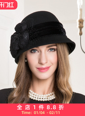 EE秋冬新款英伦女士羊毛帽时尚百搭毛呢礼帽欧美休闲逛街黑色帽子
