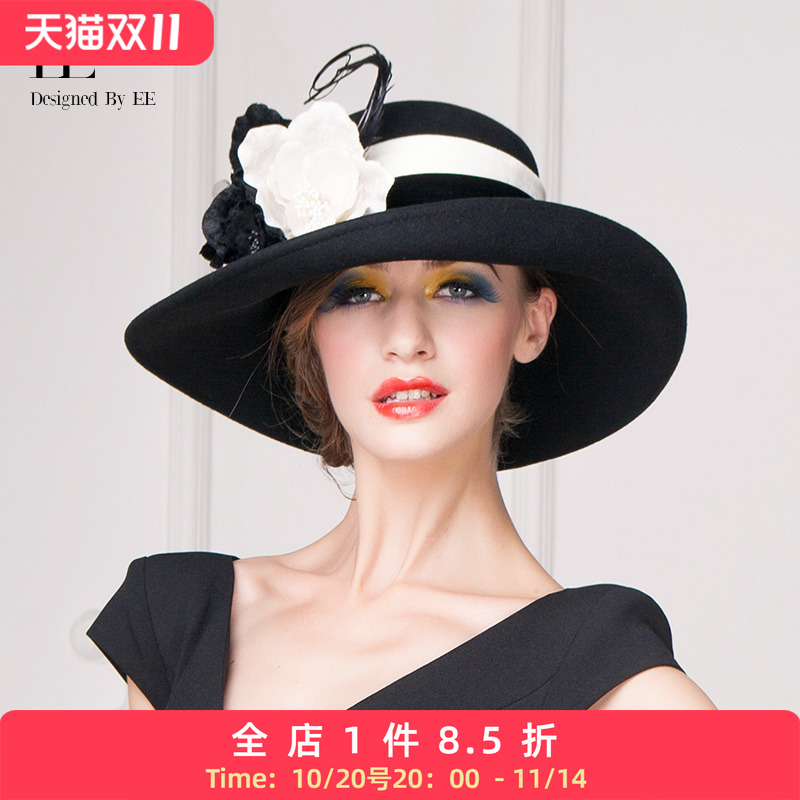 优雅风出游礼帽黑色毛呢花朵大檐