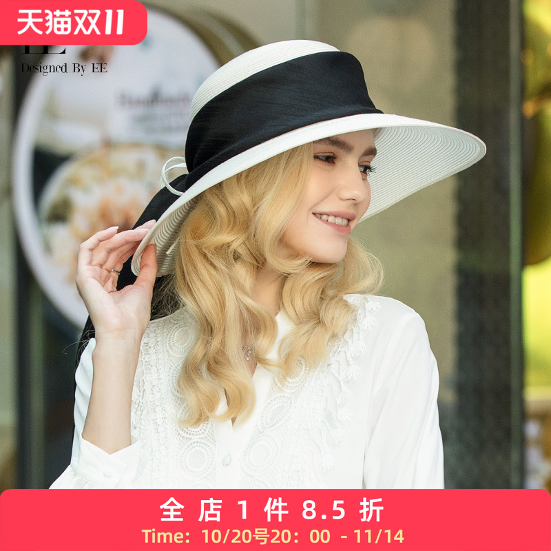 EE【草帽】圆顶大檐蝴蝶结优雅范帽子女时尚出游防紫外线帽子7077
