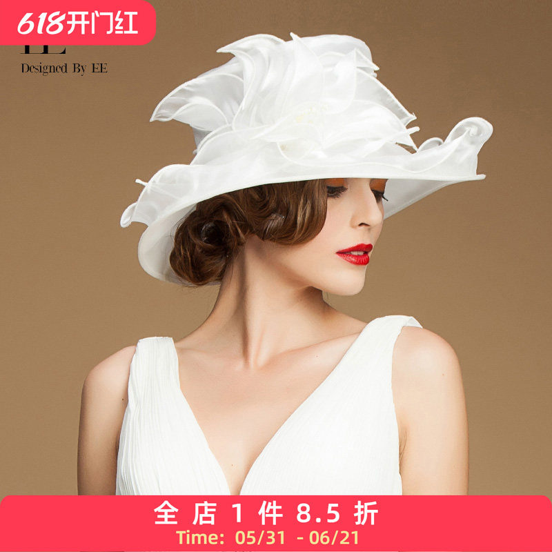 EE欧美时尚波浪边幻白欧根纱女帽英伦时尚宴会礼帽赛马会帽子女夏