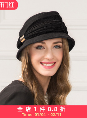 EE 冬季新品设计师款羊毛呢帽秋冬保暖蓝色呢子帽休闲百搭帽子女